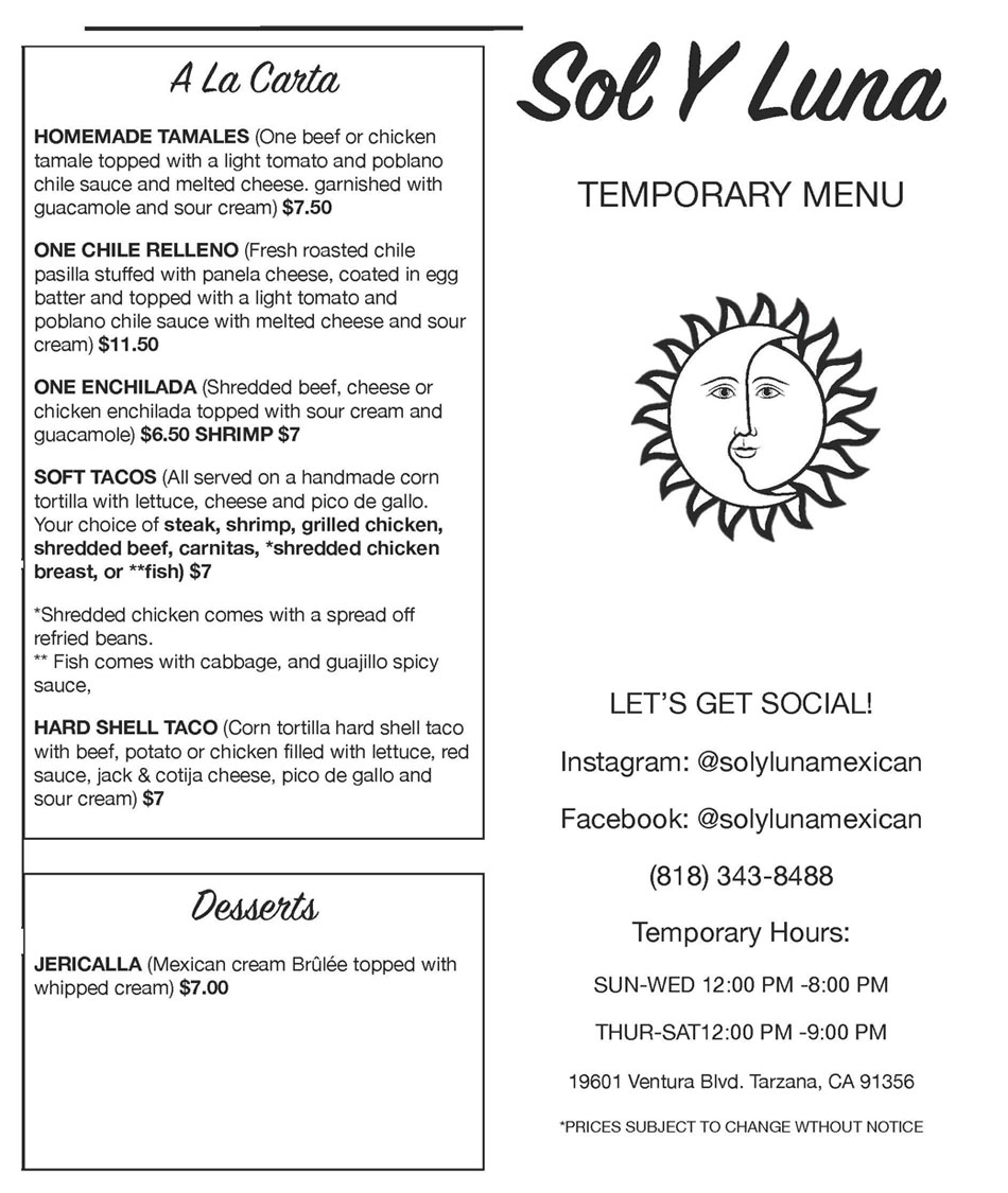 Sol Y Luna Mexican Restaurant Temporary Menu 19601 Ventura Blvd 
